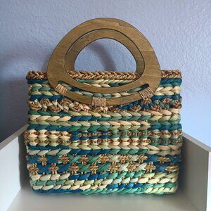 Lined Woven Straw Handbag Purse Wood/Laminate Oval Handles